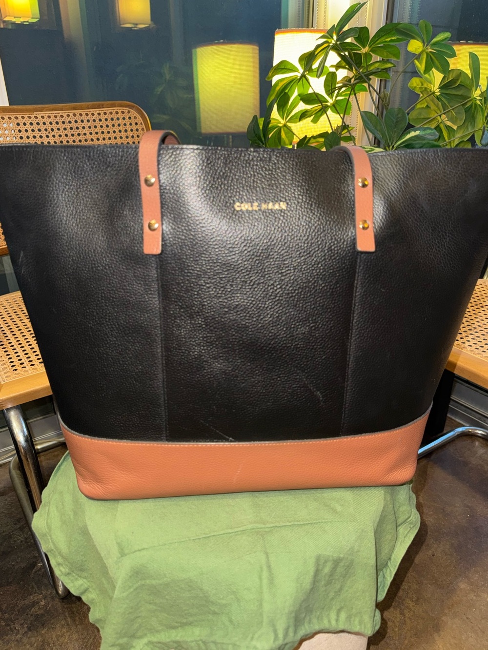 Cole Haan Black and Cognac Leather Tote